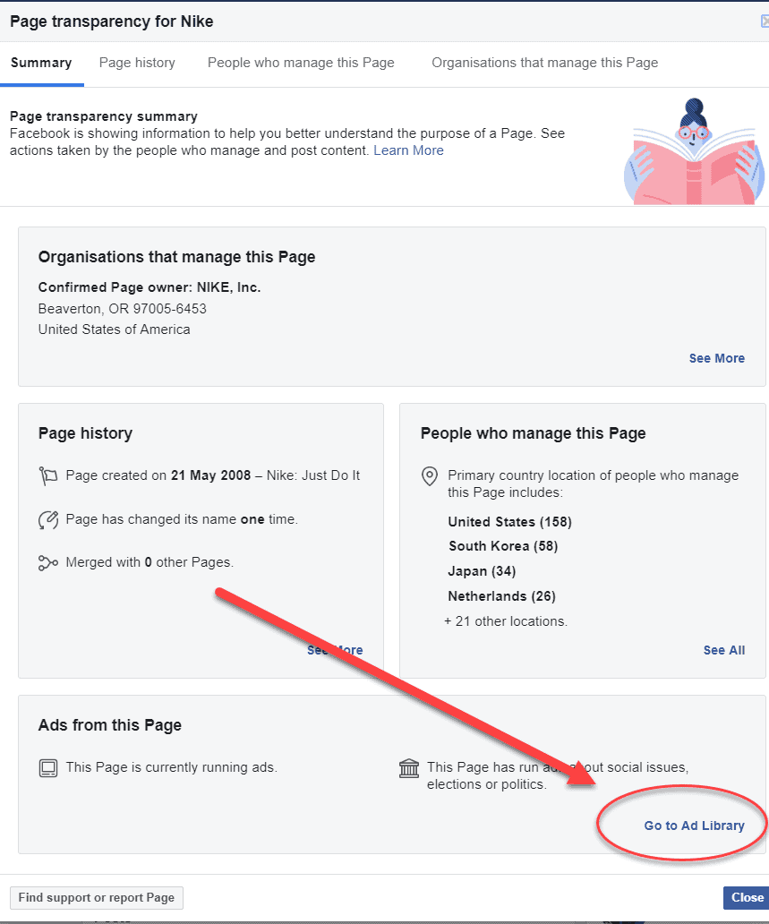 Facebook page transparency feature